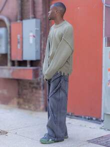 BelSigned BelSigned ANDREILEE Autumn/Winter Unisex Street Style Minimalist Long Sleeve Crew Neck Pullover Sweater, Loose Fit Comfortable Knit Top With Fringe & Distressed Details - Green - View 6