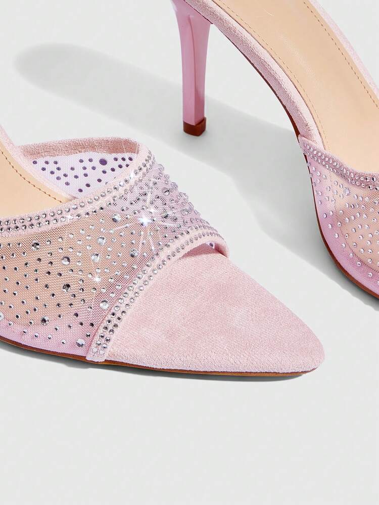 CUCCOO SZL Ladies Summer New Pink Mesh Rhinestone High Heel Sandals Fashion Gorgeous Sexy Party Ladies Sandals Slippers