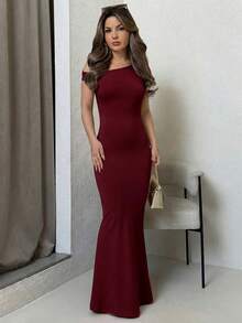 Jemour 夏季服装、日常约会和旅行装、派对装、优雅女士内衣、外出装、斜肩不对称加长鱼尾裙、俱乐部女士装、约会装、宴会礼服 - 酒紅色 - 查看 1