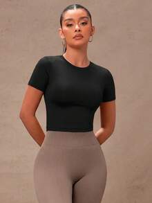 Summer Sexy Twist Open Back Crop Sports T-Shirt Gym Women Shirts - Black - View 5