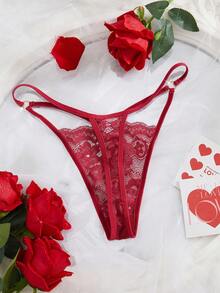 SHEIN Tanga de encaje con diseño floral calado, lencería sexy - Burdeos - Ver 2