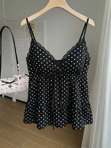 SHEIN EZwear 大码女式波点印花性感撞色蕾丝吊带背心可爱低胸吊带衫波点上衣吊带衫，外出上衣波点吊带衫可爱黑色上衣 - 黑與白 - 查看 6