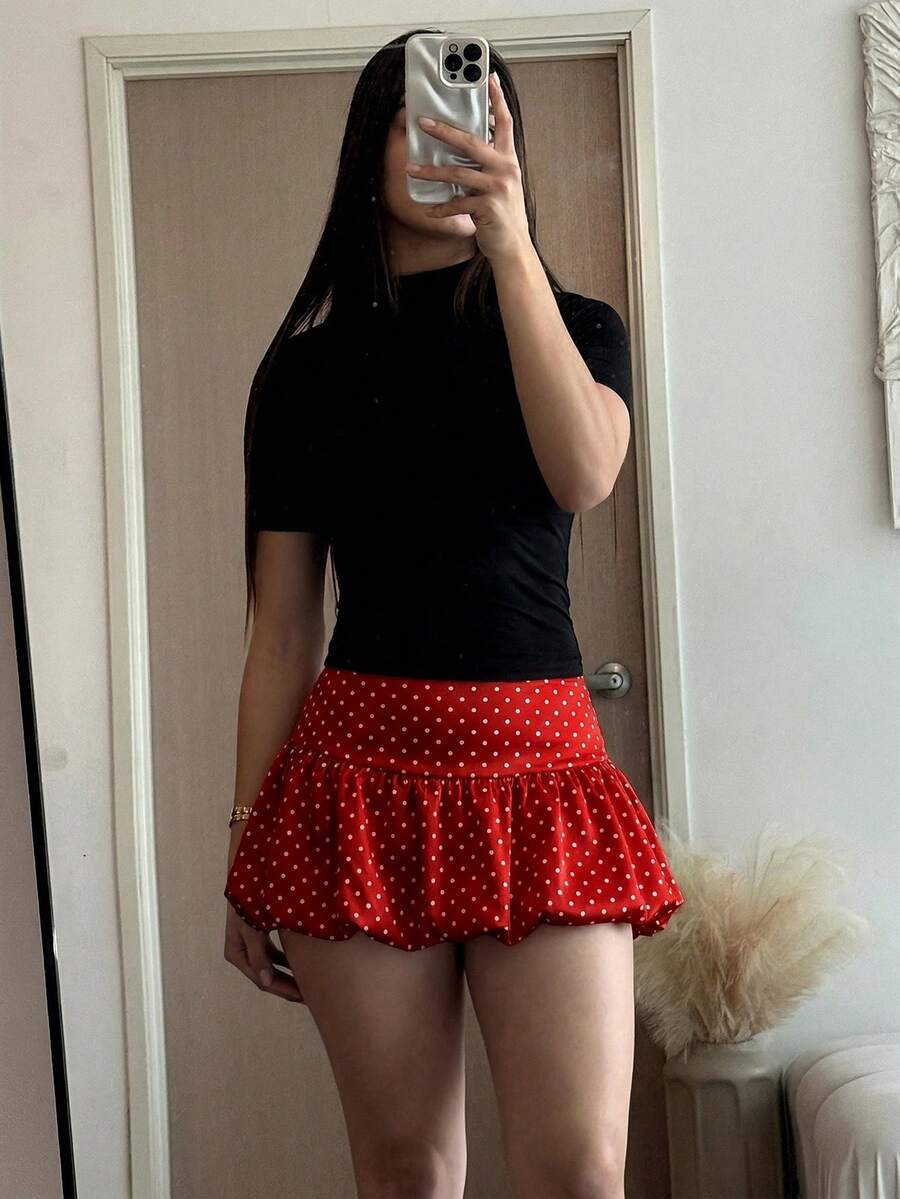 Andrea Bello 女士红白波点印花休闲 A 字裙，适合情人节和圣诞节 - 紅白色 - 查看 1