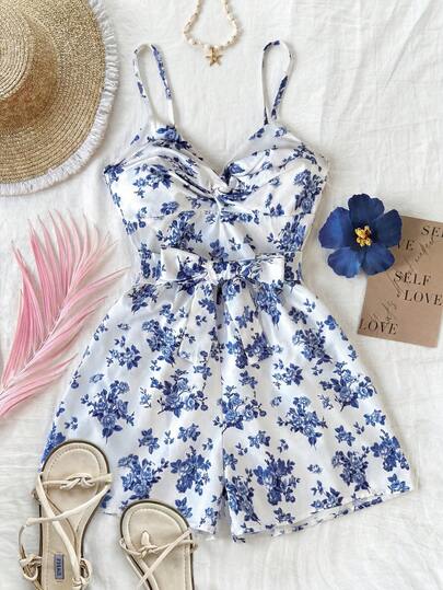 SHEIN Tween Girls' Casual Vacation Ditsy Floral Sleeveless Jumpsuit With Belt, Versatile For All Seasons, Blue Floral Romper, Blue Flower Romper, Summer Romper, Girls Floral Romper