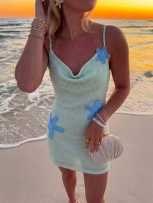 Firerie Đầm mini màu xanh da trời nhạt, thanh lịch, tinh tế, lãng mạn dành cho nữ, thích hợp cho kỳ nghỉ biển, tiệc tùng, lễ hội âm nhạc, sinh nhật, họp mặt. Chất liệu dệt kim đính sequin hình sao biển, cổ xếp ly, dáng chữ A, màu xuân/hè. - Màu xanh lam - Xem 12