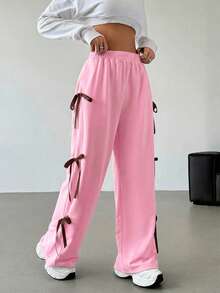 SHEIN EZwear 大码粉色蝴蝶结腰部撞色直筒休闲运动裤 - 粉色 - 查看 6