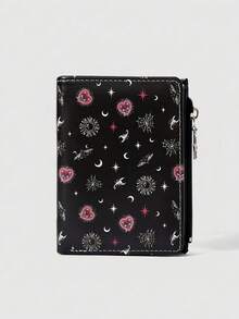 ROMWE Fairycore 哥特风钱包，朋克女孩爱心宝石水晶泪滴、星星、太阳、宝剑创意设计五芒星拉链零钱包，休闲时尚卡包 - 紅黑色 - 查看 1