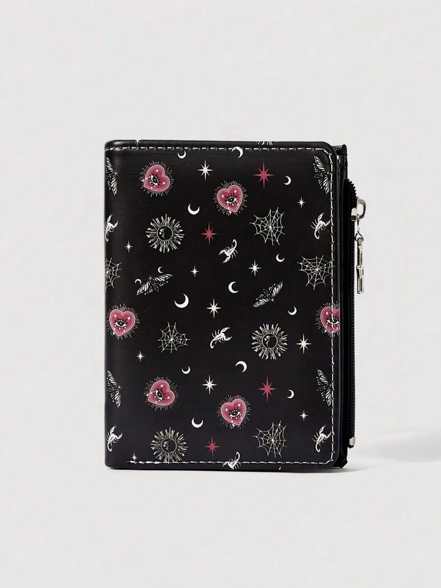 ROMWE Fairycore 哥特风钱包，朋克女孩爱心宝石水晶泪滴、星星、太阳、宝剑创意设计五芒星拉链零钱包，休闲时尚卡包 - 紅黑色 - 查看 1