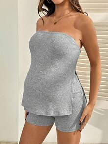 SHEIN 2pcs Maternity Solid Color Tube Top And Adjustable Waist Shorts Set - Grey - View 6