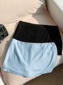 Comfortcana 2pcs Women's Solid Color Casual Versatile Date/Travel Mini Skirt Set - Multicolor - View 2