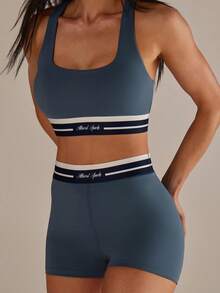 Athîral Conjunto de top corto y shorts con estampado de rayas de contraste y letra para mujer - Multicolor - Ver 6