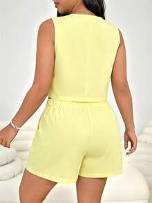 SHEIN EZwear 大码春夏休闲通勤纯色背心短裤套装，商务休闲女装毕业季、返校季、秋冬教师装 - 淡黃色 - 查看 2