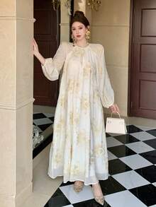 DAZY Women's Floral Pattern Raglan Sleeve Elegant Dress - Beige - View 5