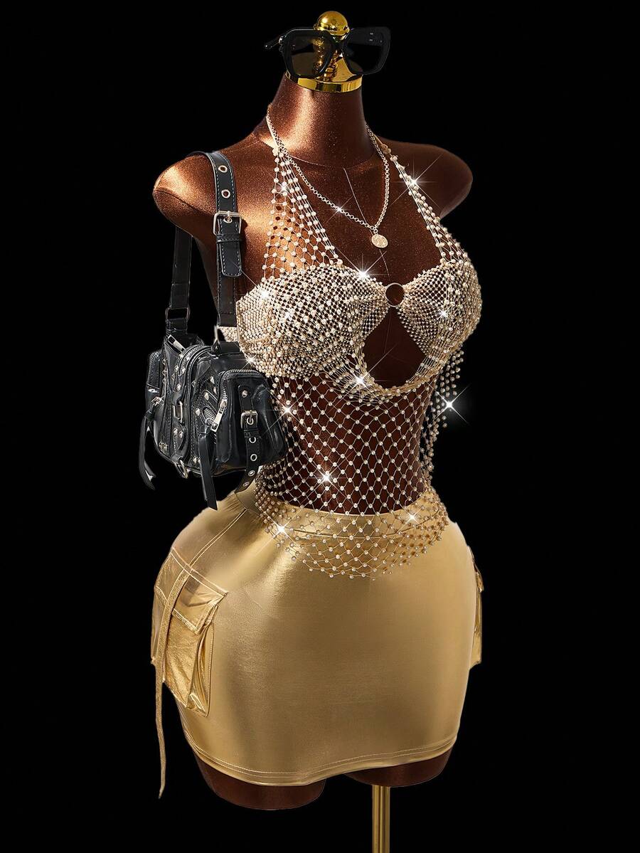 Mistrie Women's Music Festival Glitter Mesh Rhinestone Halter Neck Vest,Summer, Graduation ,Party Outfit , Beach Outfits , Y2K , Sequin Music Festival Party ,Vacation Outfits Women, Rhinestone Embellished Shiny, Suitable For Bar Party, Carnival, Club Wear Luxury Dress Sexy Birthday Dresses Club Outfits For Ladies Sexy Club Outfits Bling Bling Dress - Black - View 1
