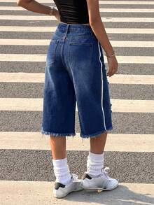 Muchica Quần short denim nữ dáng rộng, có túi, rách gấu, tua rua. - Rửa tối - Xem 2