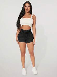SHEIN PETITE Summer Casual Washed Distressed Slim Fit Denim Shorts Everyday Black ,Petite Women - Black - View 4