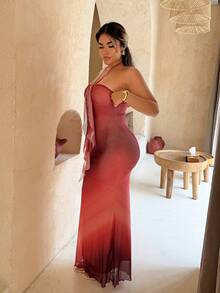 Maria Perezxox Vestido de fiesta de punto y malla con efecto degradado, con escote halter romántico, hebilla metálica decorativa y falda de cola de pez. Adecuado para fiestas, citas, tardes de té, sexy y elegante. - Multicolor - Ver 5