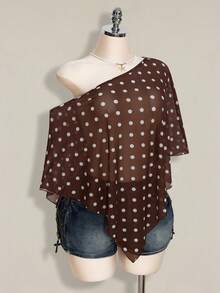 SHEIN ICON 大码女式黑白波点不对称肩部网纱上衣 - 棕色 - 查看 4