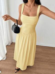 SHEIN PETITE 女士优雅纯色棕色咖啡色方领喇叭连衣裙，春夏款 - 黃色 - 查看 5