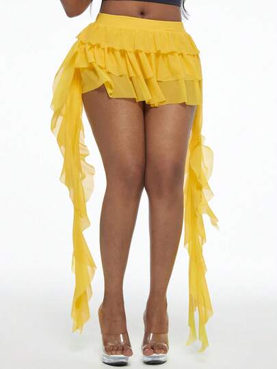 Coolane 女士纯色荷叶边下摆时尚性感迷你裙