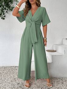 SHEIN Clasi Bộ đồ liền thân thắt eo cổ chữ V màu trơn thời trang cỡ lớn cổ điển thường ngày - màu xanh lá - Xem 3