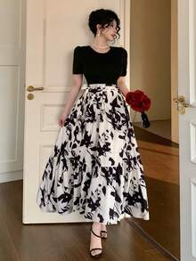 DAZY Đầm nữ thanh lịch in hoa, viền bèo nhún, thích hợp cho mùa hè. - màu đen - Xem 8