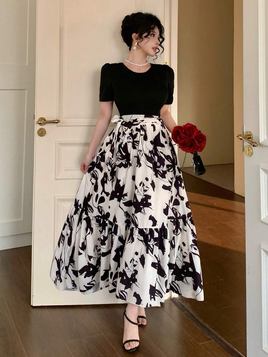 DAZY 女士优雅印花荷叶边连衣裙，夏季 - 黑色 - 查看 1