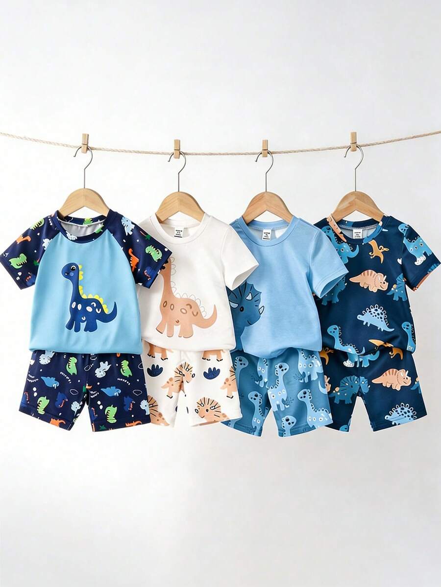 2-Piece Baby Boys Pajamas Set,Navy And White Cartoon Dinosaur Print Summer Shorts & Raglan Short Sleeve Loungewear,Soft Knit Cute Nightwear For Work - Blue - View 1