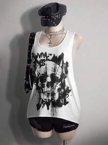 SHEIN ICON 大码女式骷髅头图案圆领休闲背心，夏季 - 白色 - 查看 4