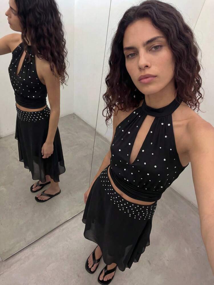 SHEIN Maija Women's Black And White Polka Dot Halter V-Neck Rhinestone Tank Top,Summer Seksi Chic Sequin Sleeveless Party Night Festival Outfits Casual Tops