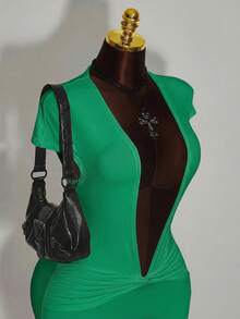 Amplova Deep Draped Neck Twist Front Jumpsuit With Ruched Sleeves - Green - View 6