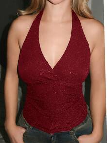 Turnttoni Fashionable Glitter Lace-Up Camisole, Sexy Bombshell Style - Red - View 3