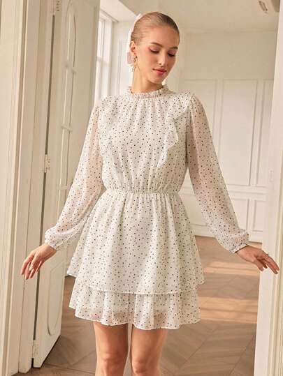 Aveloria Modichic Confetti Print Keyhole Back Ruffle Trim Dress,Ladies Casual Ruffle,Ruffle Hem,Ruffle Neck Long Sleeve Stand Collar Regular Fit Short Black Regular Sleeve All Over Print A Line Women Short Dresses,Spring/Fall,Casual Daily Wear Vacation Outfits Woman 