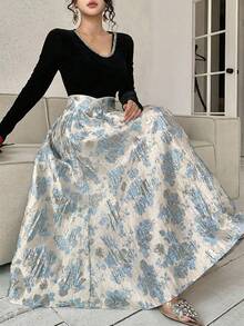 Celisse 优雅女士欧根纱提花半身裙 - 藍色 - 查看 3