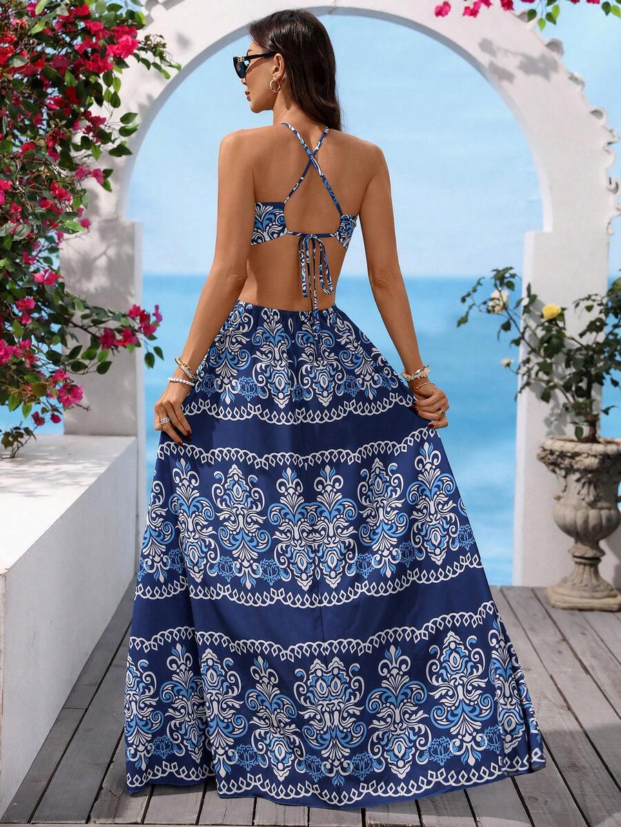 Women's Beach Vacation Casual Printed Dress Santorini Outfit For Women Women Summer Outfits Dress, Women Dressy Beach Outfit For Women Dress Women's Summer Clothes,Blue Dress,Summer Dresses For Women - Blue and White - View 1