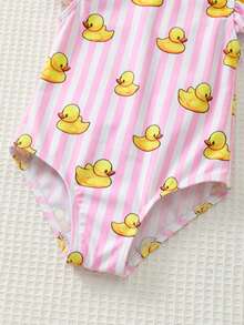 SHEIN Baby Girl Striped Cartoon Duck Print Ruffle Trim Cute One-Piece Swimsuit - Multicolor - View 5