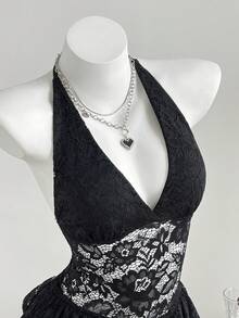 Elamini Women's Casual Vacation Sexy Lace Sheer V-Neck Halter Tie Strap Mini Dress, Summer Black Lace Dress Ruffle Hem Dress Party Dress - Black - View 5