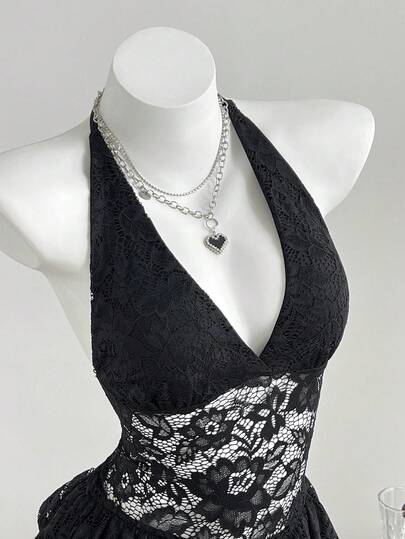 Elamini Đầm ngắn gợi cảm ren xuyên thấu cổ chữ V buộc dây cho nữ, thích hợp cho kỳ nghỉ hè.