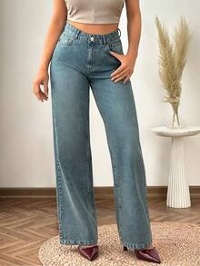 SHEIN Jeans rectos de tiro bajo lavados - Azul lavado medio - Ver 1