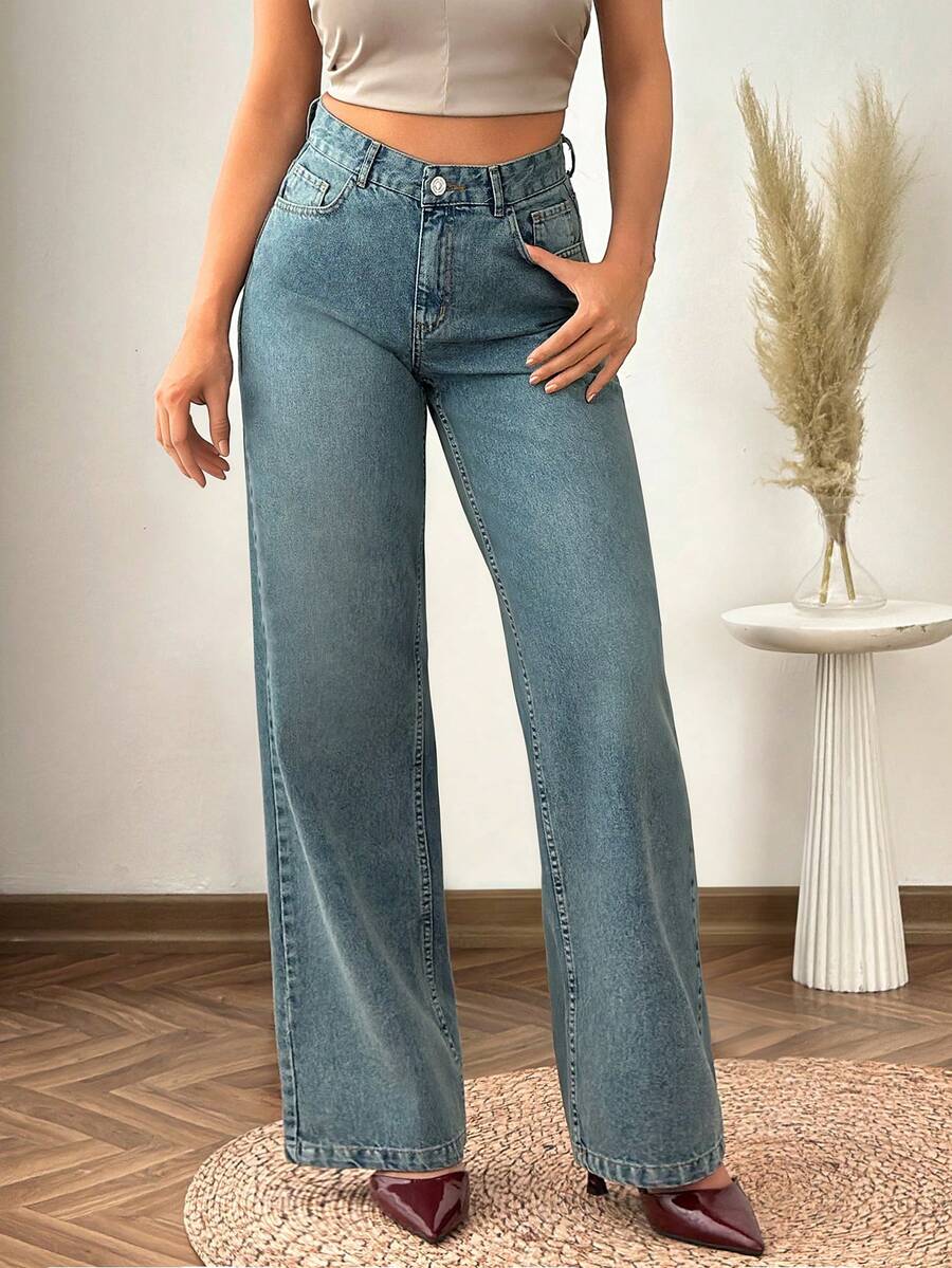 SHEIN Jeans rectos de tiro bajo lavados - Azul lavado medio - Ver 1