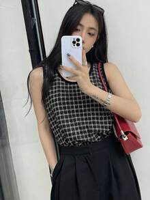 DAZY 女士格子休闲百搭日常穿搭T恤 - 黑色 - 查看 3