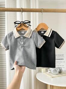 SHEIN 2件組兩件套男嬰童裝 男嬰童裝 男童套裝 實用時尚復古老錢風 時尚休閒 華夫格紋理 柔軟灰色黑色拼接 翻領鈕扣短袖 Polo 衫 領口經典版型 柔軟透氣輕盈上衣 夏季上衣 襯衫 T恤 基本款 度假風 野餐 日常穿著 校園 春夏 - 灰色 - 查看 3