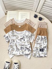 Playful Pals 6pcs/Set Newborn Baby Boy Basic Round Neck Elastic Waist Cute Animal Print & Striped Short Sleeve T-Shirt And Shorts Set, Summer - Khaki - View 7