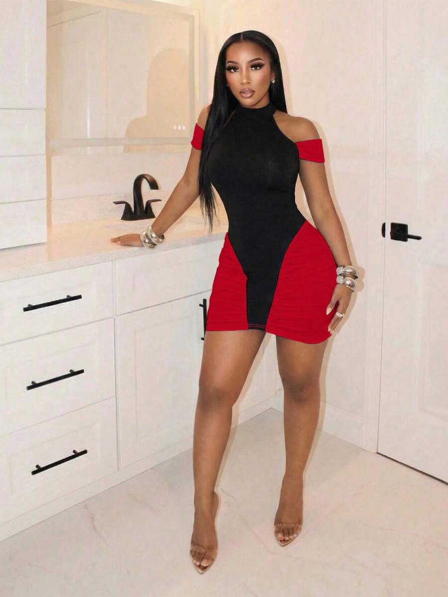 SHEIN BamGlam Đầm ôm sát gợi cảm, phối màu tương phản, xếp ly dành cho nữ. - Đỏ - Xem 1