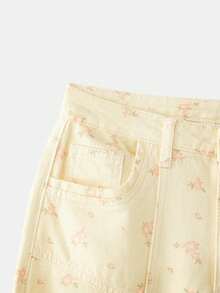 lacRébo Calça de algodão bege com estampa floral, cintura alta e detalhe contrastante em amarelo. Ideal para primavera/verão, carnaval e festivais de música. Estilo francês/parisiense. - Luz amarela - Ver 8
