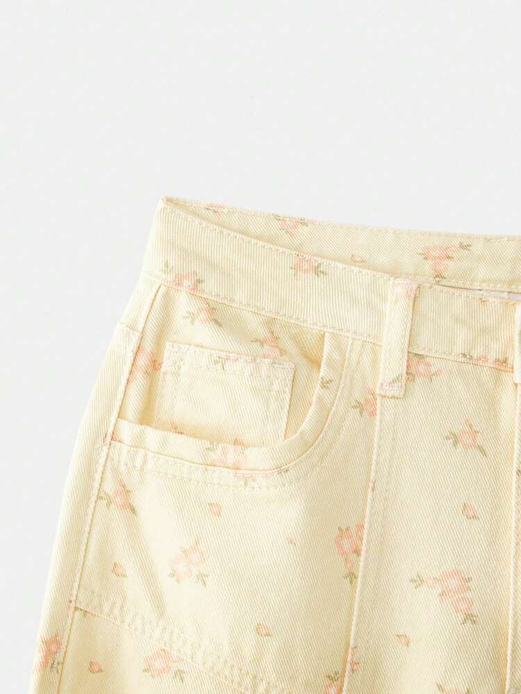 Beige Floral Print High Waisted Cotton Trouser With Contrast Yellow Detail Spring Summer Carnival Music Festival French Style Parisian Style Cotton Jeans