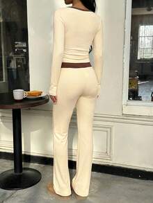 MainGRL Set de 2 piezas de Camiseta de manga larga con cuello en V profundo y pantalones acampanados con cordón en la cintura, en colores crema, amarillo y marrón, para mujer, estilo casual, para primavera/verano - Amarillo - Ver 2