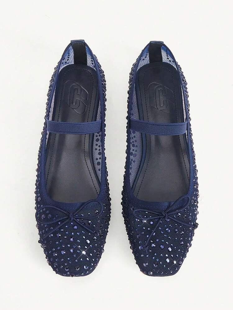 CUCCOO CHICEST Women Shoes Spring And Summer Fashion Dark Blue Full Diamond Mesh Yarn Small Bow Elastic Band Women's Flat Shoes Elegant Comfortable Breathable Cute Sweet Mary Jane Flat Women's Shoes