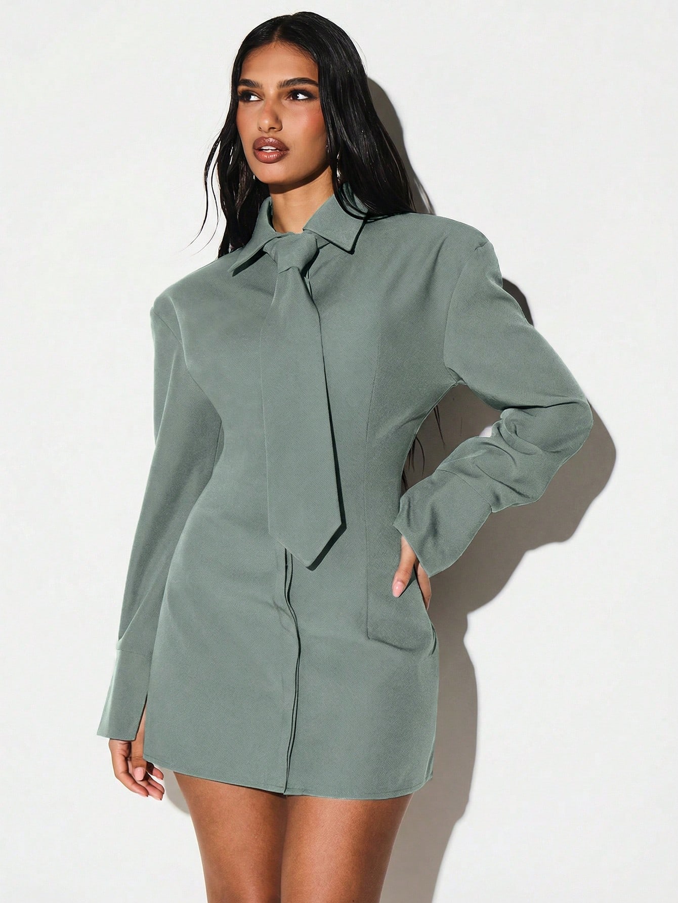 KIZN Shoulder Pad Lace Up Back Shirt Dress With Tie