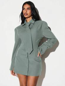 KIZN Robe chemise mini avec épaulettes, laçage dans le dos, détail de nœud, manches longues, col, style décontracté d'affaires pour l'automne et l'hiver - Vert - Voir 4